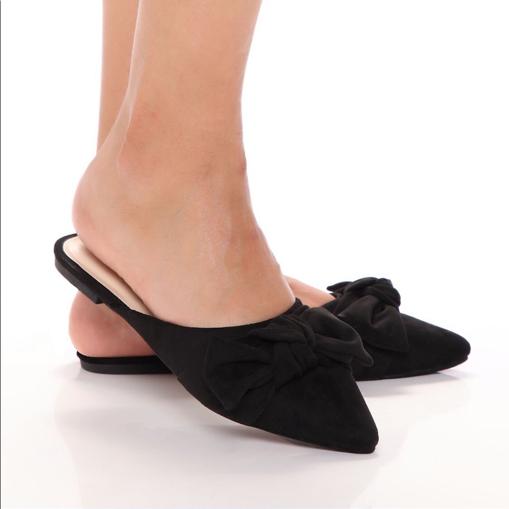 NWT Bamboo Shoes | Women’s Black Suede Bow Tie Flat Slides | Size 7.5